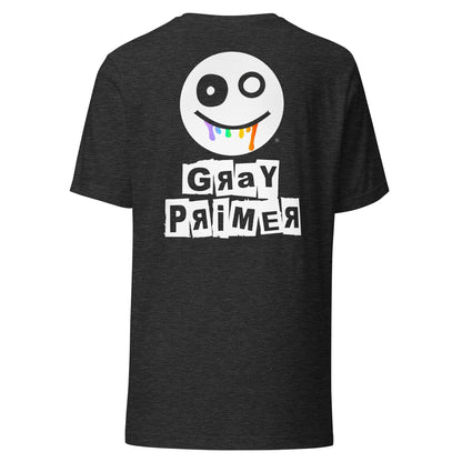 Subtle Front, Shouty Back - Gray Primer logo T-Shirt