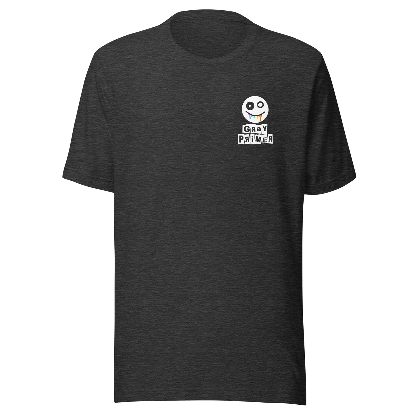 Subtle Front, Shouty Back - Gray Primer logo T-Shirt